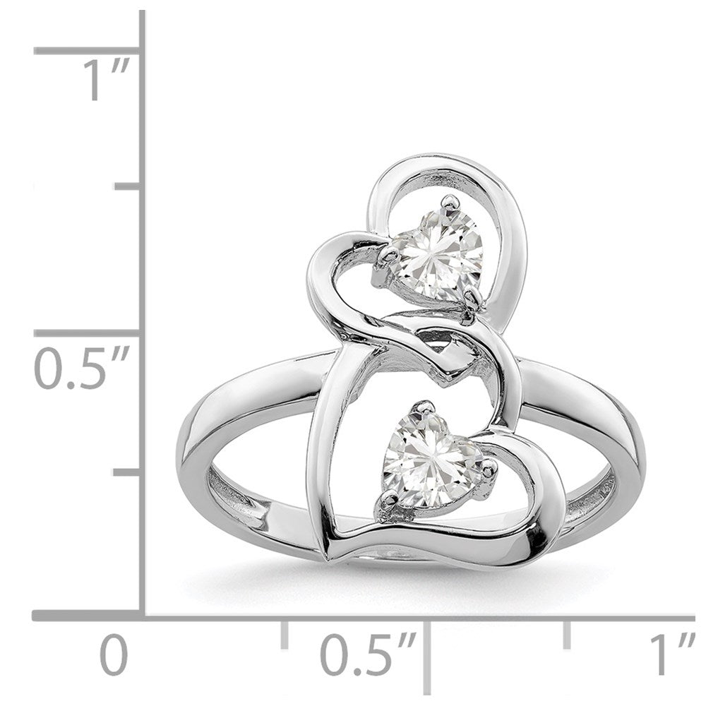 Sterling Silver Rhodium Plated Cz Double Heart Ring