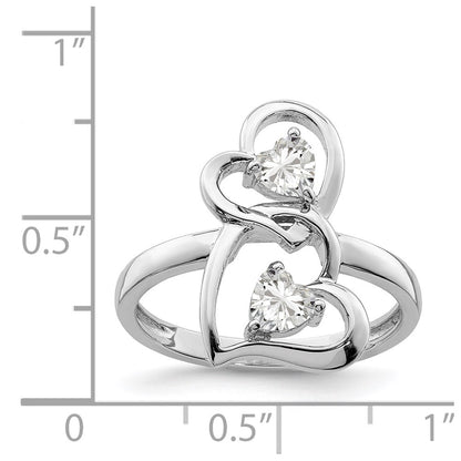 Sterling Silver Rhodium Plated Cz Double Heart Ring