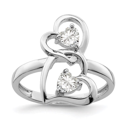 Sterling Silver Rhodium Plated Cz Double Heart Ring