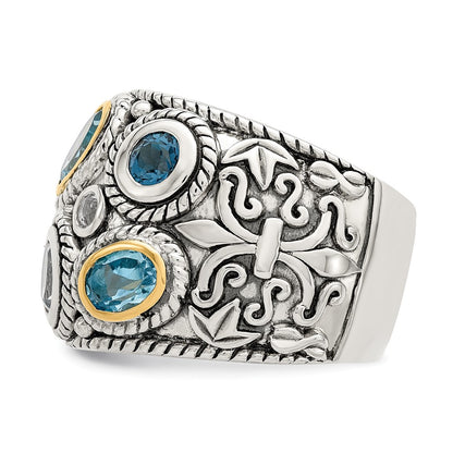Silver/14K Two Tone Sterling Silver 14K Gold And Blue Topaz Fancy Ring