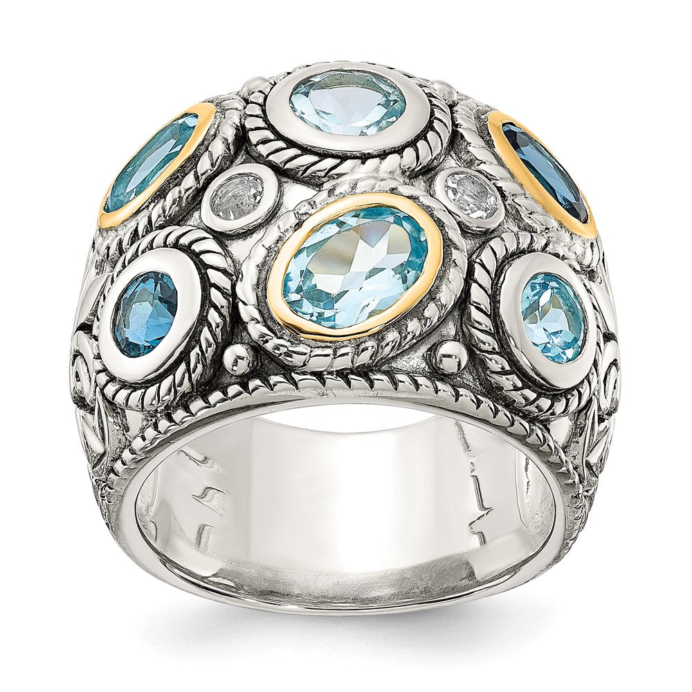 Silver/14K Two Tone Sterling Silver 14K Gold And Blue Topaz Fancy Ring