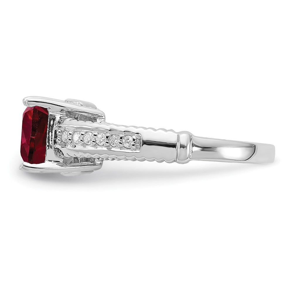 Sterling Silver Rhodium Plated Synthetic Ruby And Cz Ring
