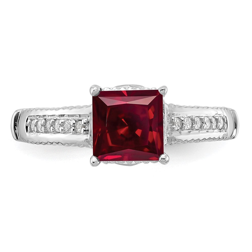 Sterling Silver Rhodium Plated Synthetic Ruby And Cz Ring