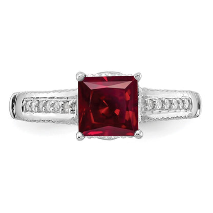 Sterling Silver Rhodium Plated Synthetic Ruby And Cz Ring