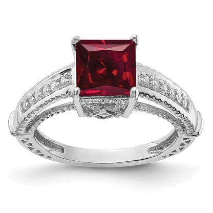 Sterling Silver Rhodium Plated Synthetic Ruby And Cz Ring