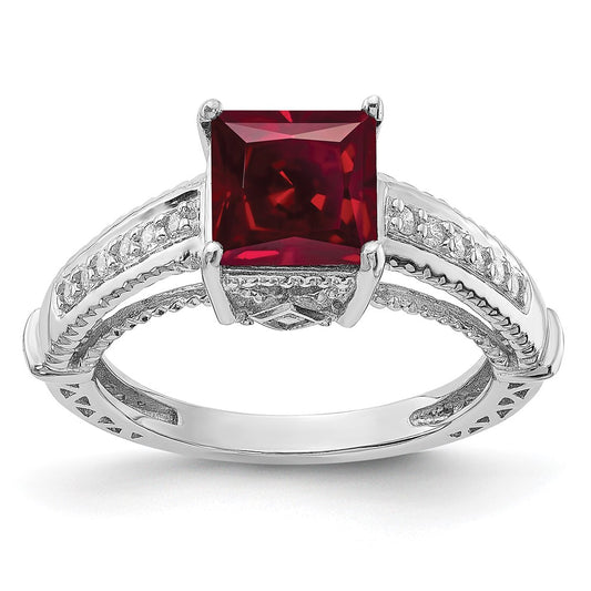 Sterling Silver Rhodium Plated Synthetic Ruby And Cz Ring