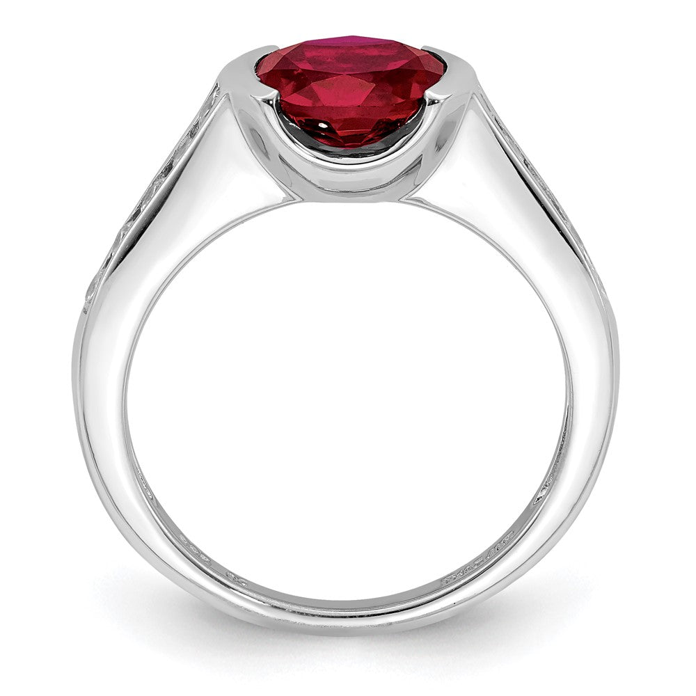 Sterling Silver Rhodium Plated Synthetic Ruby And Cz Bezel Ring