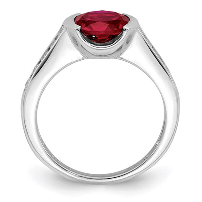 Sterling Silver Rhodium Plated Synthetic Ruby And Cz Bezel Ring