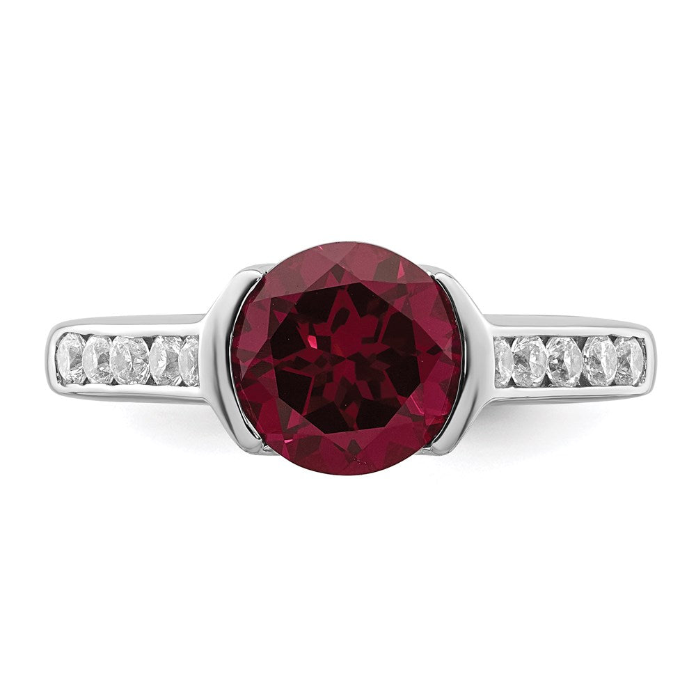 Sterling Silver Rhodium Plated Synthetic Ruby And Cz Bezel Ring