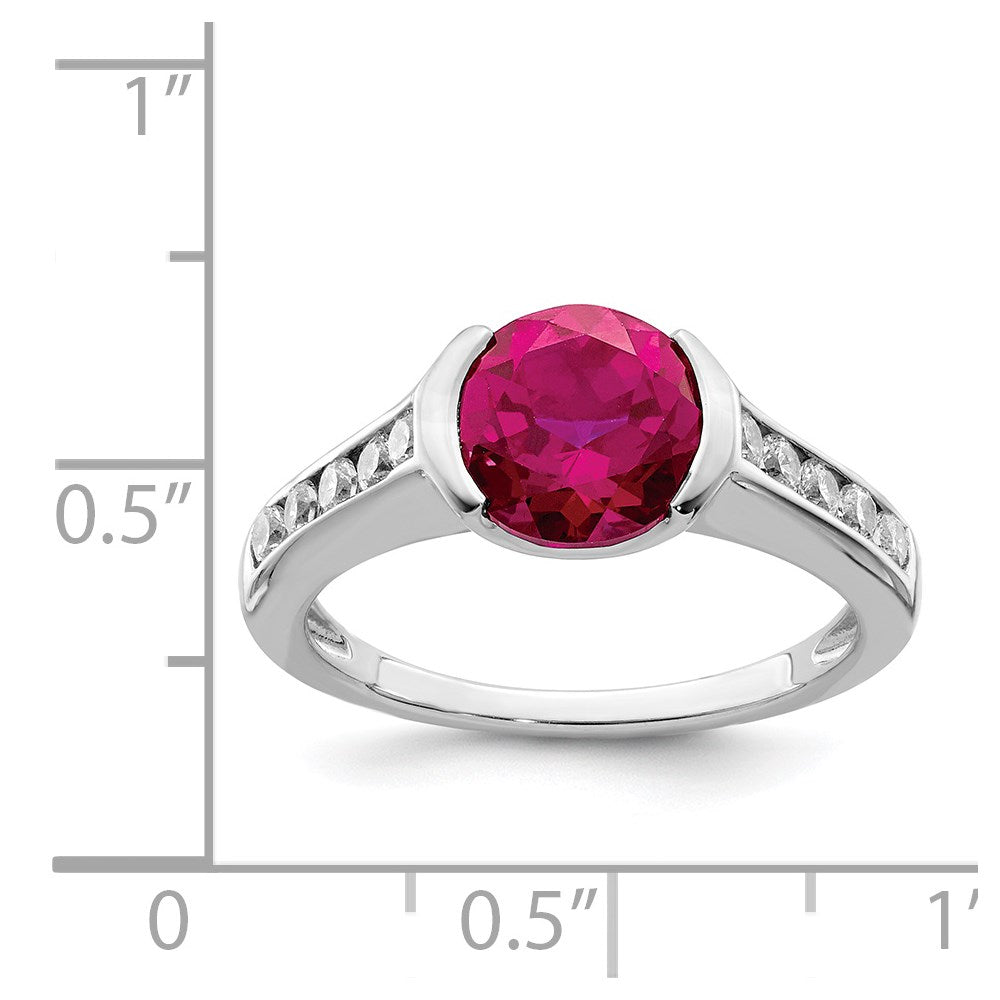 Sterling Silver Rhodium Plated Synthetic Ruby And Cz Bezel Ring