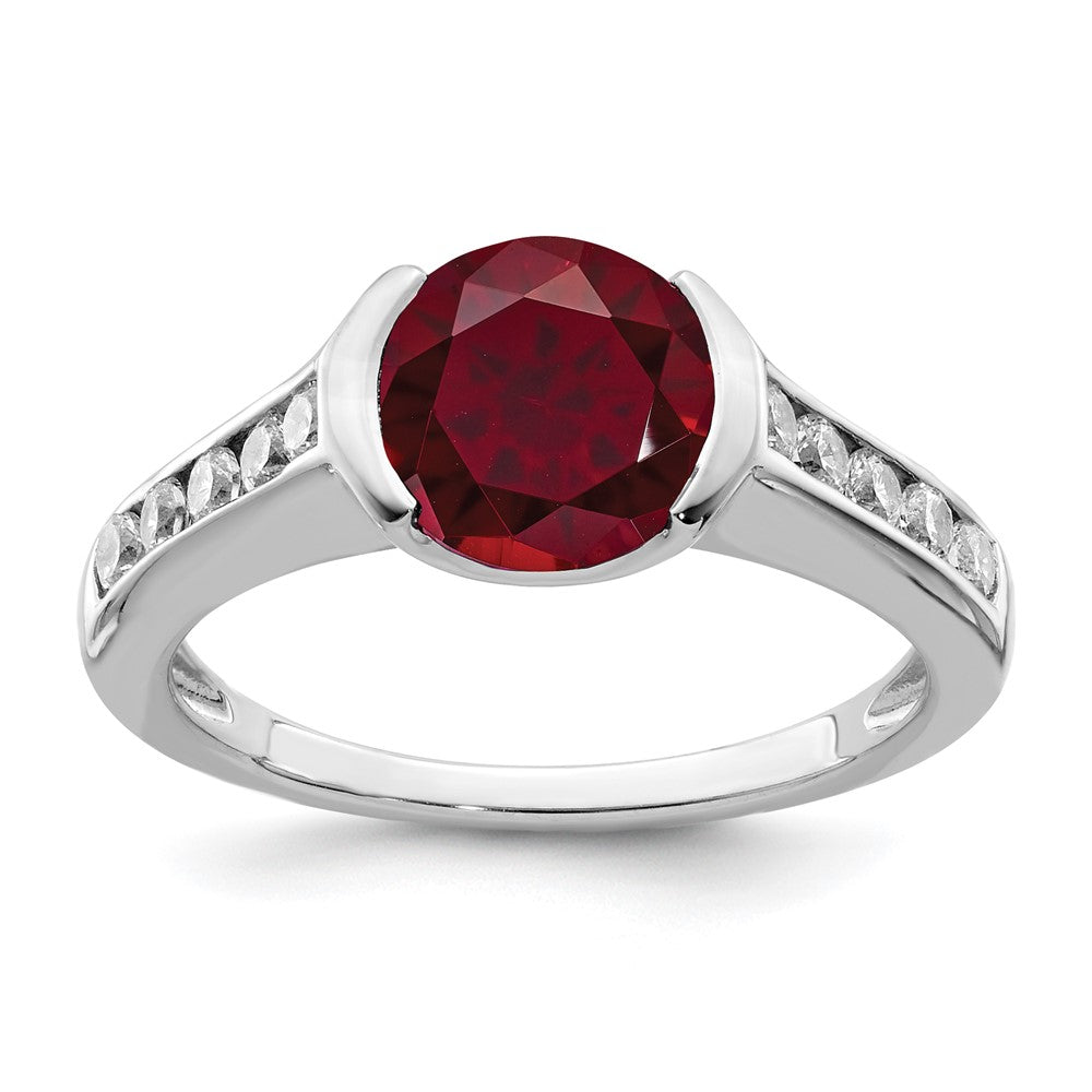 Sterling Silver Rhodium Plated Synthetic Ruby And Cz Bezel Ring