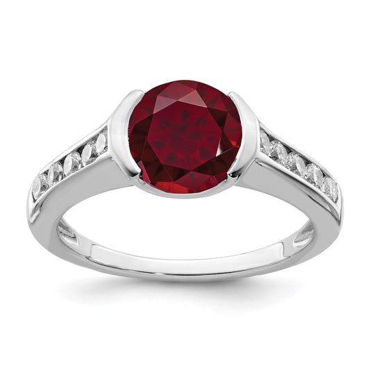 Sterling Silver Rhodium Plated Synthetic Ruby And Cz Bezel Ring
