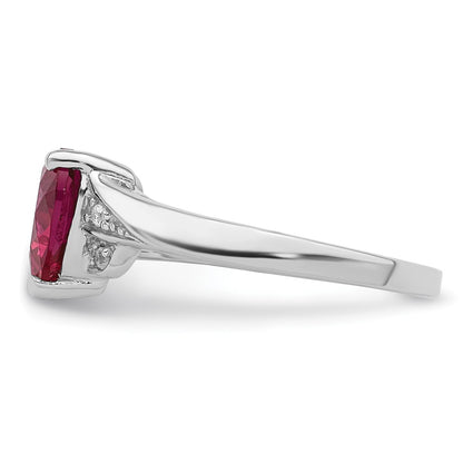 Sterling Silver Rhodium Plated Cz And Synthetic Ruby Heart Ring