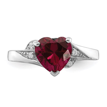 Sterling Silver Rhodium Plated Cz And Synthetic Ruby Heart Ring