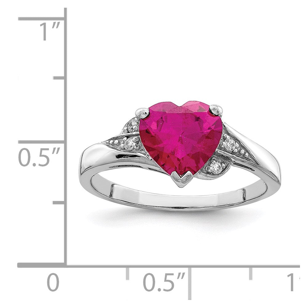 Sterling Silver Rhodium Plated Cz And Synthetic Ruby Heart Ring