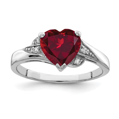 Sterling Silver Rhodium Plated Cz And Synthetic Ruby Heart Ring