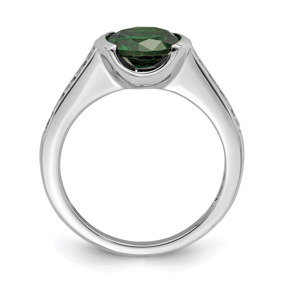 Sterling Silver Rhodium Plated Green & White Bezel Cz Ring