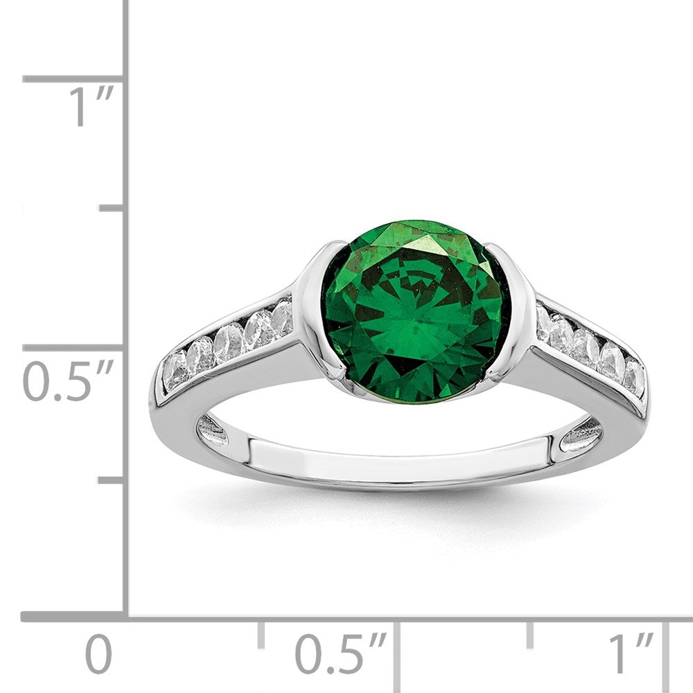 Sterling Silver Rhodium Plated Green & White Bezel Cz Ring