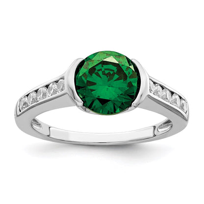 Sterling Silver Rhodium Plated Green & White Bezel Cz Ring