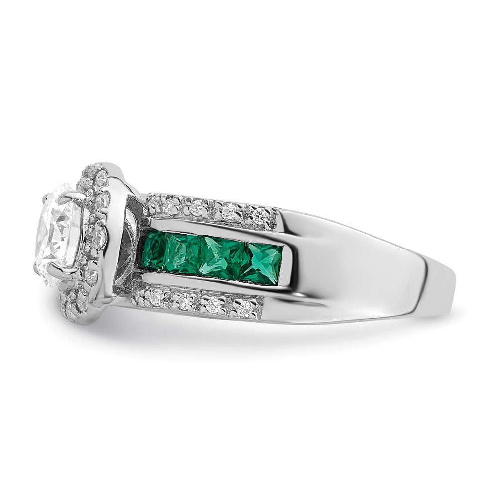 Sterling Silver Rhodium Plated Cz And Lab Created Emerald Ring