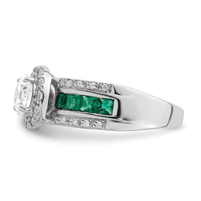 Sterling Silver Rhodium Plated Cz And Lab Created Emerald Ring