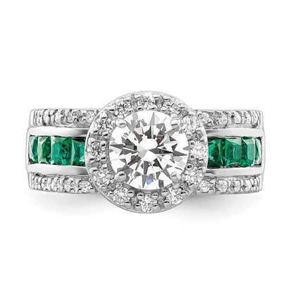 Sterling Silver Rhodium Plated Cz And Lab Created Emerald Ring