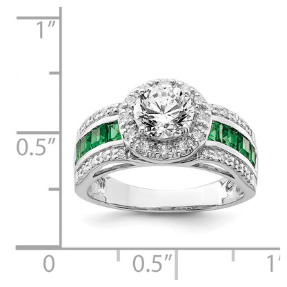 Sterling Silver Rhodium Plated Cz And Lab Created Emerald Ring