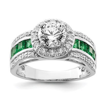 Sterling Silver Rhodium Plated Cz And Lab Created Emerald Ring