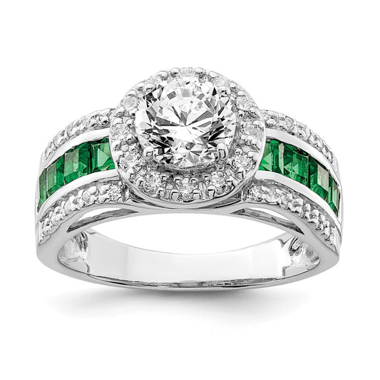 Sterling Silver Rhodium Plated Cz And Lab Created Emerald Ring