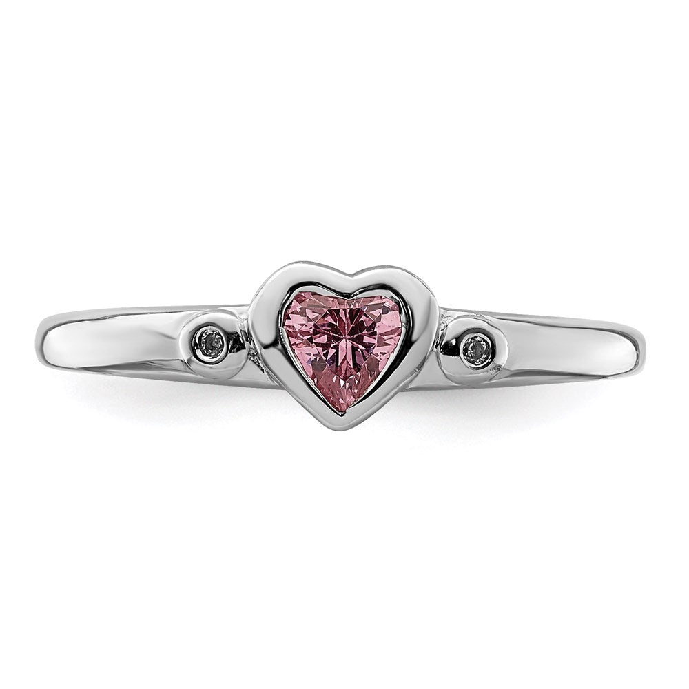 Sterling Silver Rhodium Plated White & Pink Cz Heart Ring