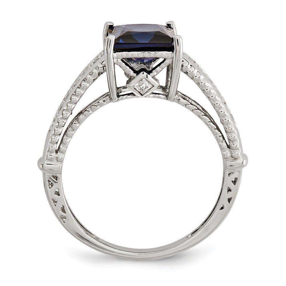 Sterling Silver Rhodium Plated Synthetic Blue Sapphire And Cz Ring