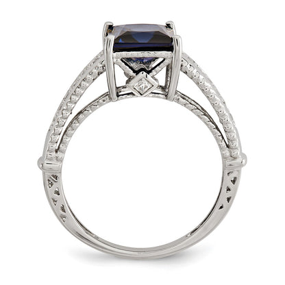 Sterling Silver Rhodium Plated Synthetic Blue Sapphire And Cz Ring