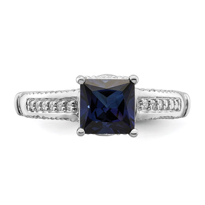 Sterling Silver Rhodium Plated Synthetic Blue Sapphire And Cz Ring