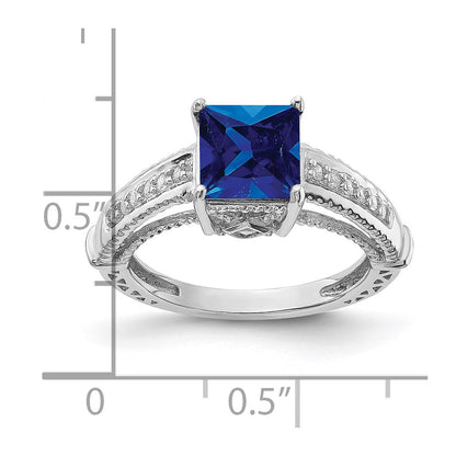 Sterling Silver Rhodium Plated Synthetic Blue Sapphire And Cz Ring