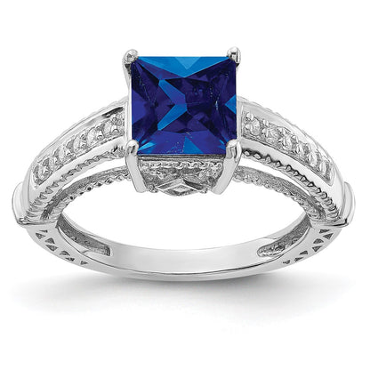 Sterling Silver Rhodium Plated Synthetic Blue Sapphire And Cz Ring