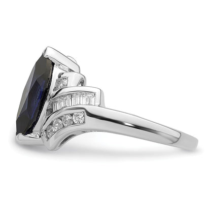 Sterling Silver Rhodium Plated Created Blue Sapphire And Cz Marquise Ring