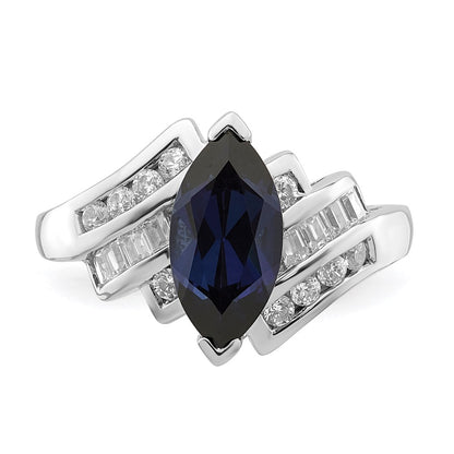 Sterling Silver Rhodium Plated Created Blue Sapphire And Cz Marquise Ring