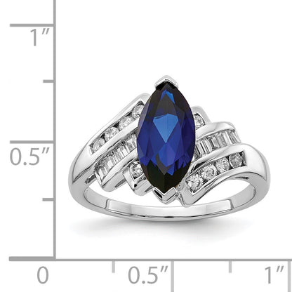 Sterling Silver Rhodium Plated Created Blue Sapphire And Cz Marquise Ring