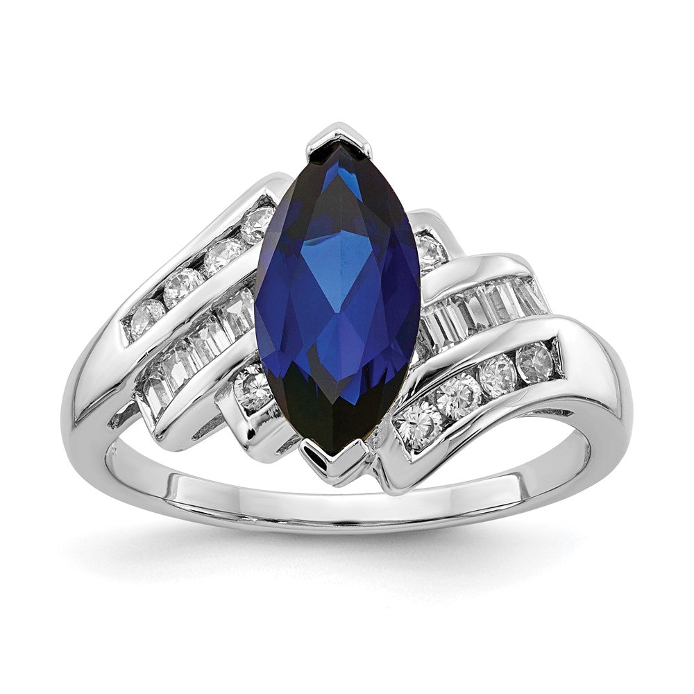 Sterling Silver Rhodium Plated Created Blue Sapphire And Cz Marquise Ring