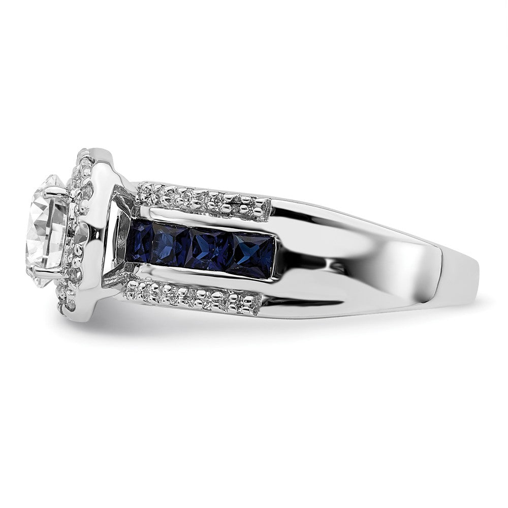 Sterling Silver Rhodium Plated Cz And Lab Created Sapphire Ring