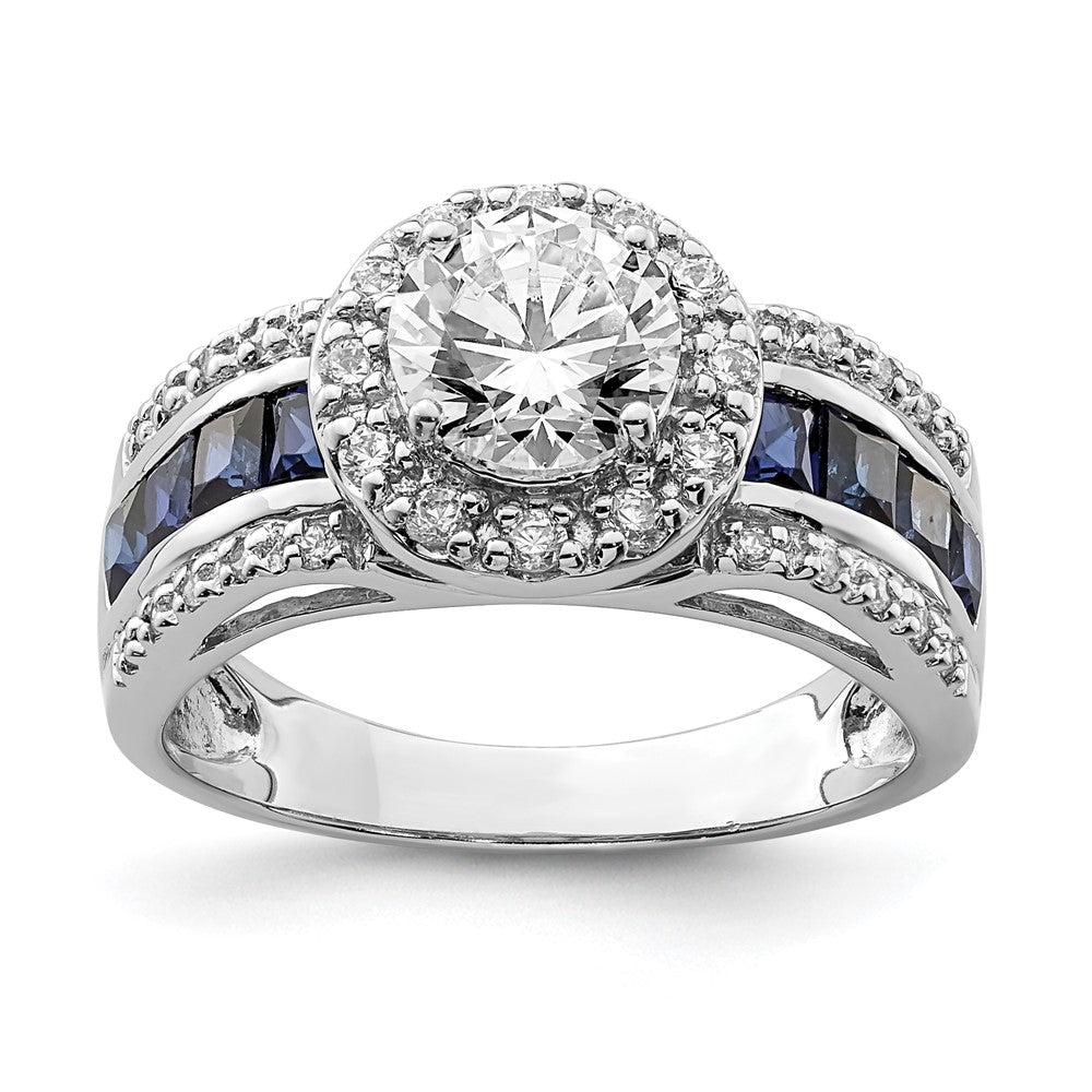Sterling Silver Rhodium Plated Cz And Lab Created Sapphire Ring