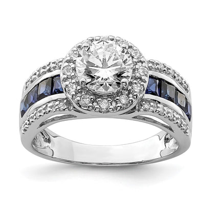 Sterling Silver Rhodium Plated Cz And Lab Created Sapphire Ring