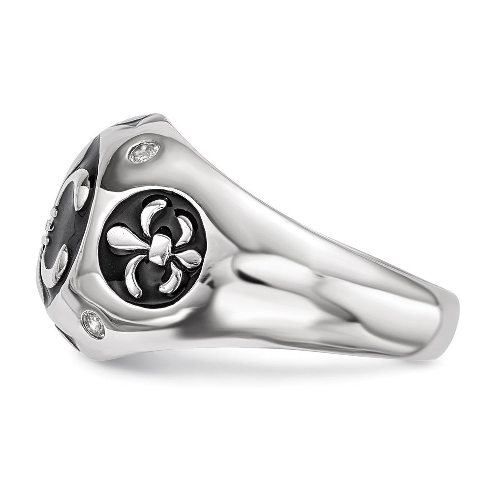 Sterling Silver Rhodium Plated Polished White Topaz Fleur De Lis Ring