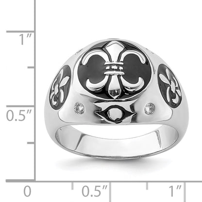 Sterling Silver Rhodium Plated Polished White Topaz Fleur De Lis Ring