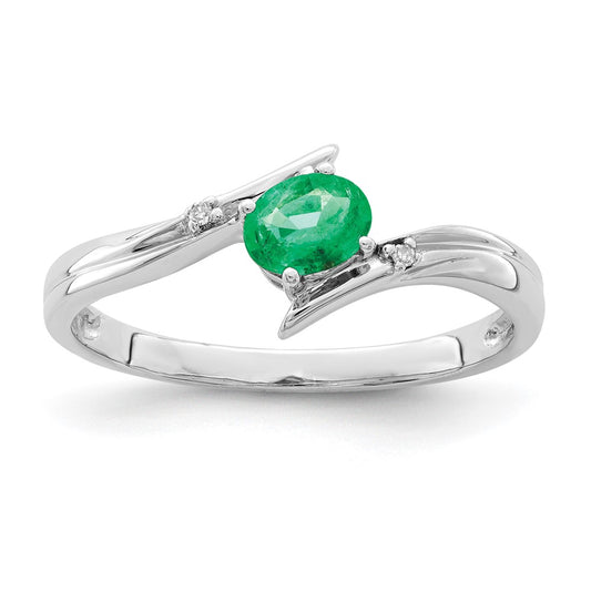 Sterling Silver Rhodium Plated Emerald And Diamond Ring