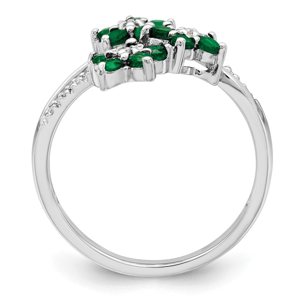 Sterling Silver Rhodium Plated 3 Flower Emerald And Diamond Ring