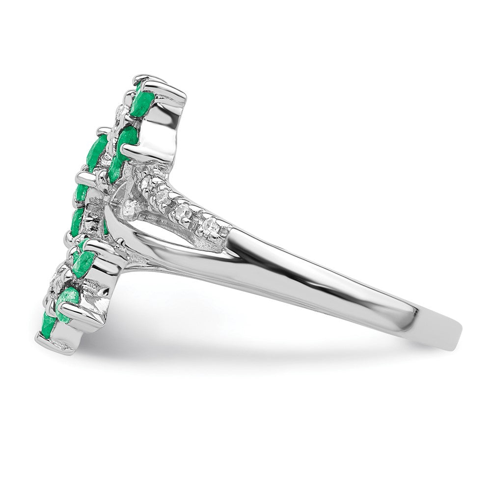 Sterling Silver Rhodium Plated 3 Flower Emerald And Diamond Ring