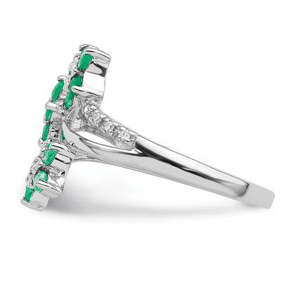 Sterling Silver Rhodium Plated 3 Flower Emerald And Diamond Ring