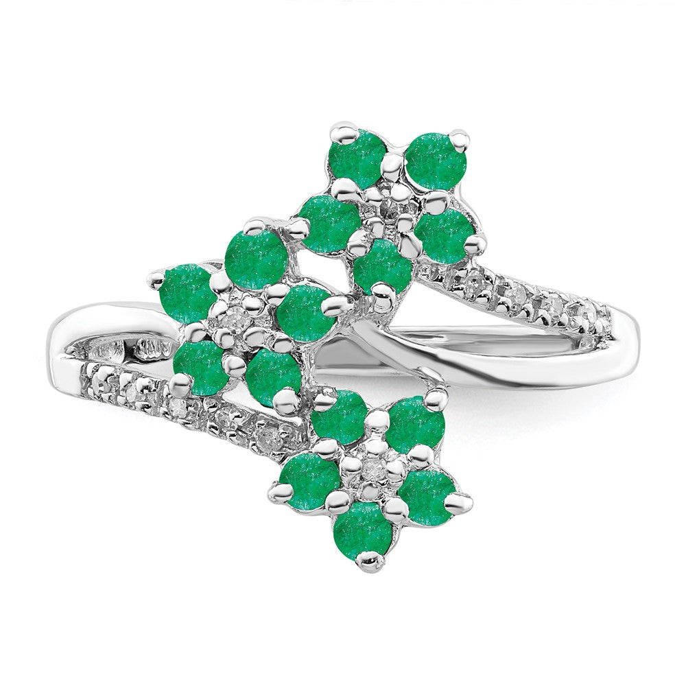 Sterling Silver Rhodium Plated 3 Flower Emerald And Diamond Ring