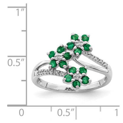 Sterling Silver Rhodium Plated 3 Flower Emerald And Diamond Ring